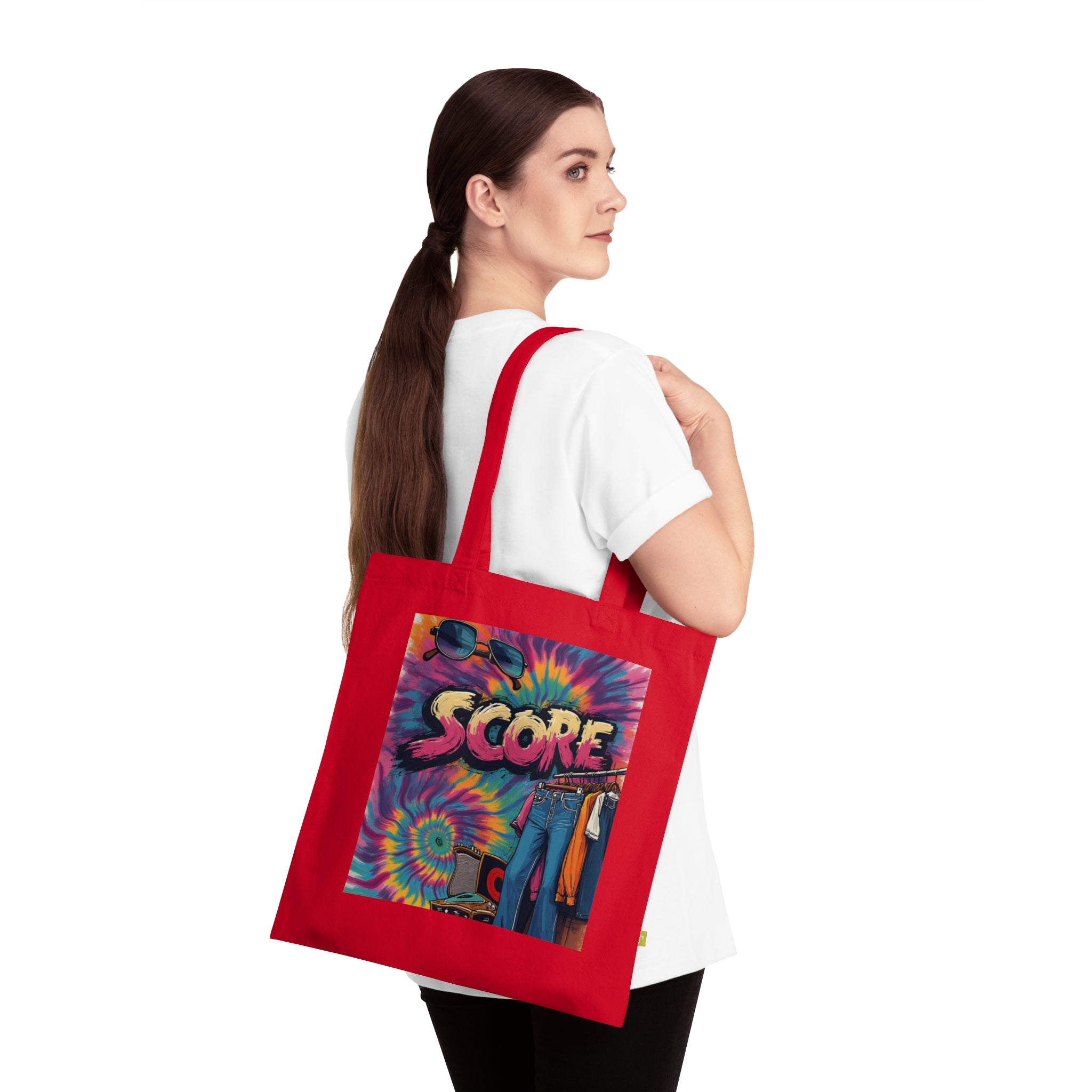 Score Tie-Dye Tote Bag — Retro 70s Skateboard Graphic Organic Cotton Tote