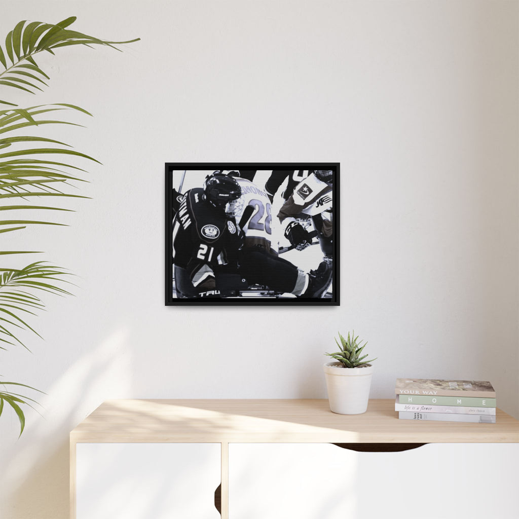 Framed Hockey Action Matte Canvas Print — Black & White Sports Wall Art