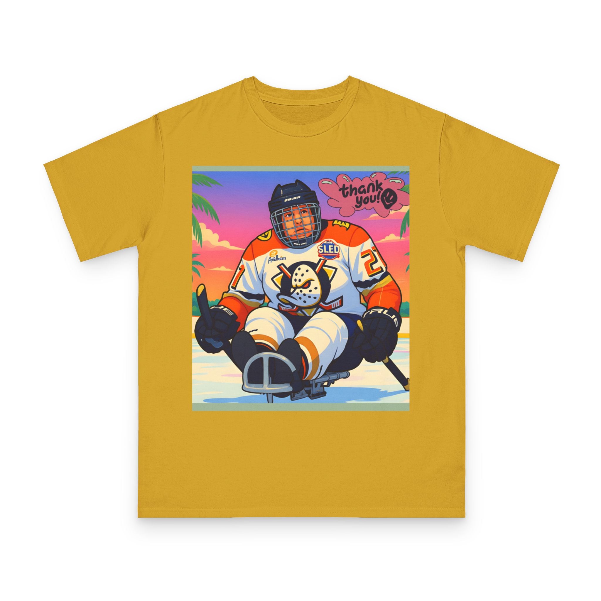 Hockey Sled Player Retro Sunset T-Shirt — 'thank you' Graphic