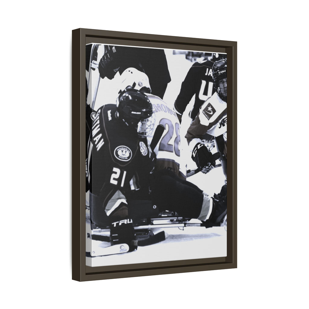 Framed Hockey Action Matte Canvas Print — Black & White Sports Wall Art