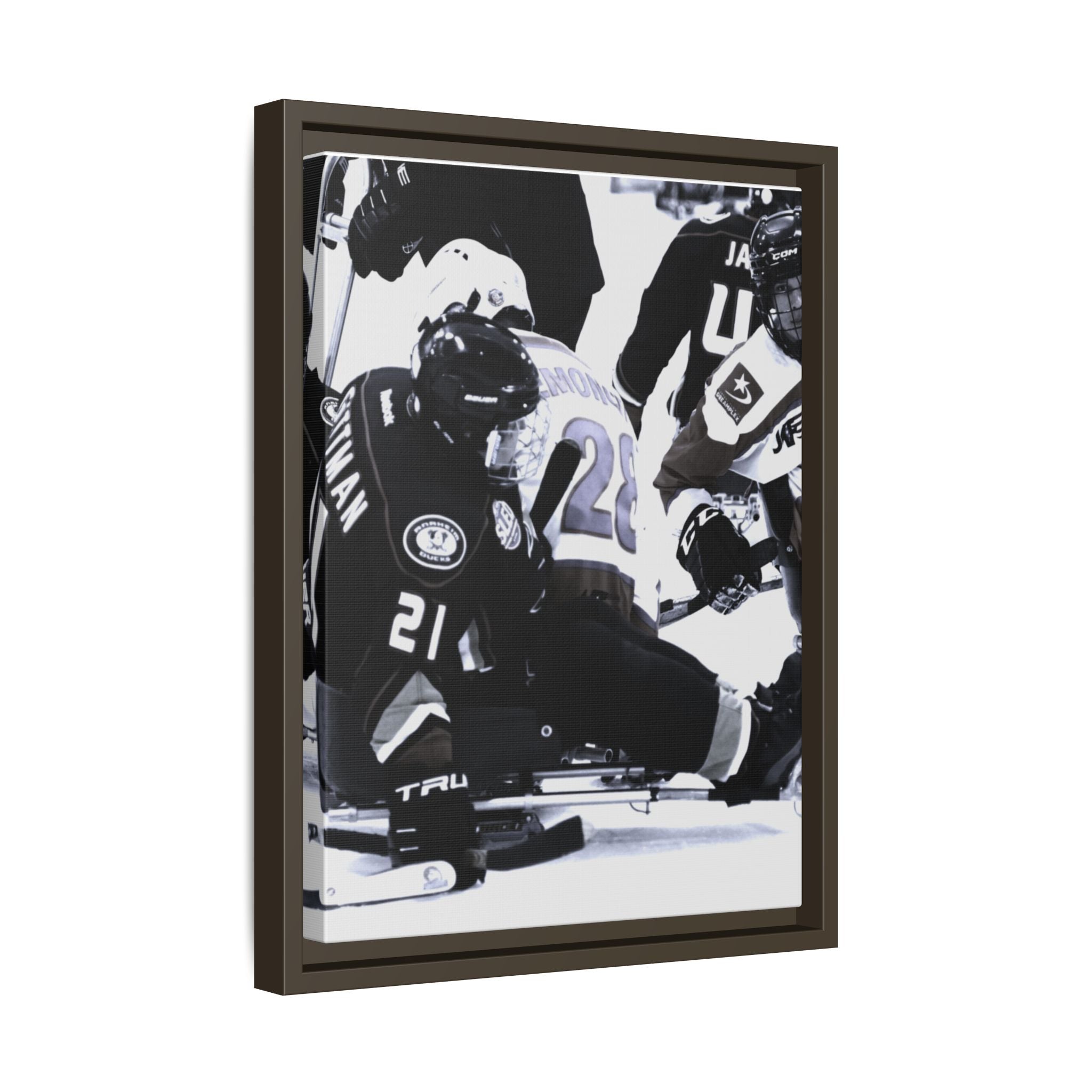 Framed Hockey Action Matte Canvas Print — Black & White Sports Wall Art