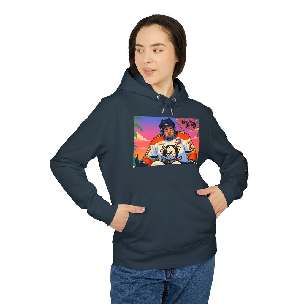 Hockey Player Graphic Hoodie — Retro Sunset Skate Design