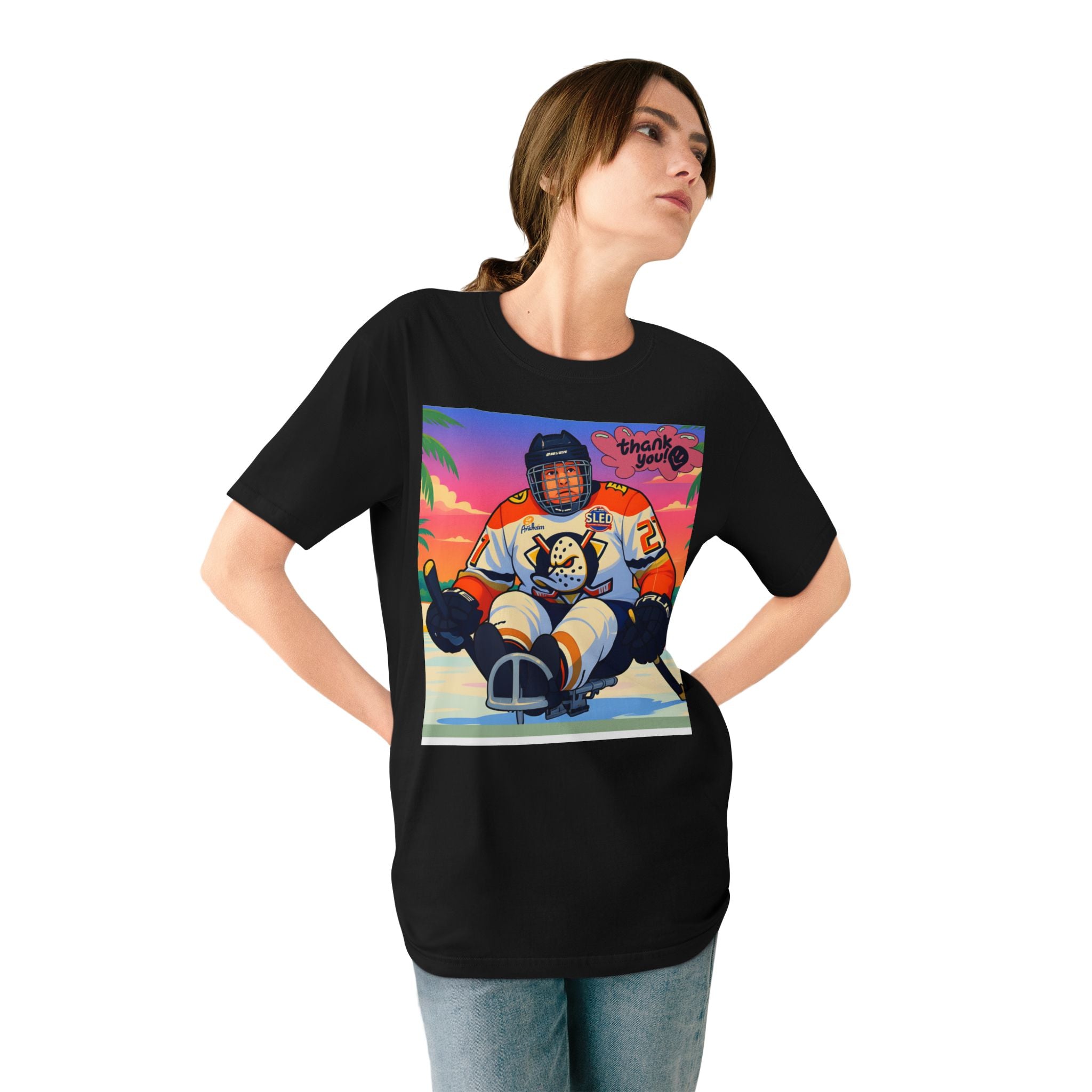 Hockey Sled Player Graphic T-Shirt — "Thank You" Retro Beach Vibe