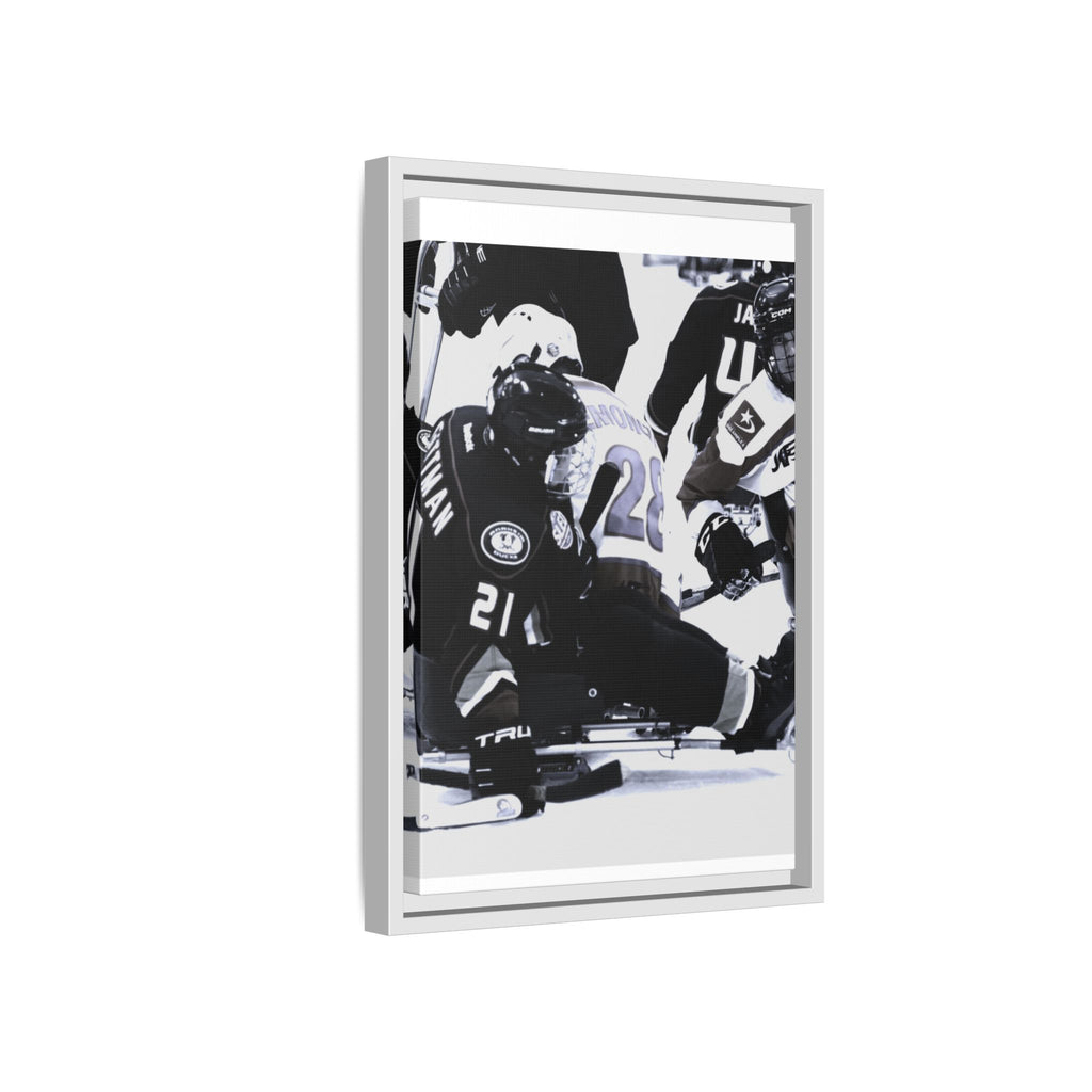 Framed Hockey Action Matte Canvas Print — Black & White Sports Wall Art