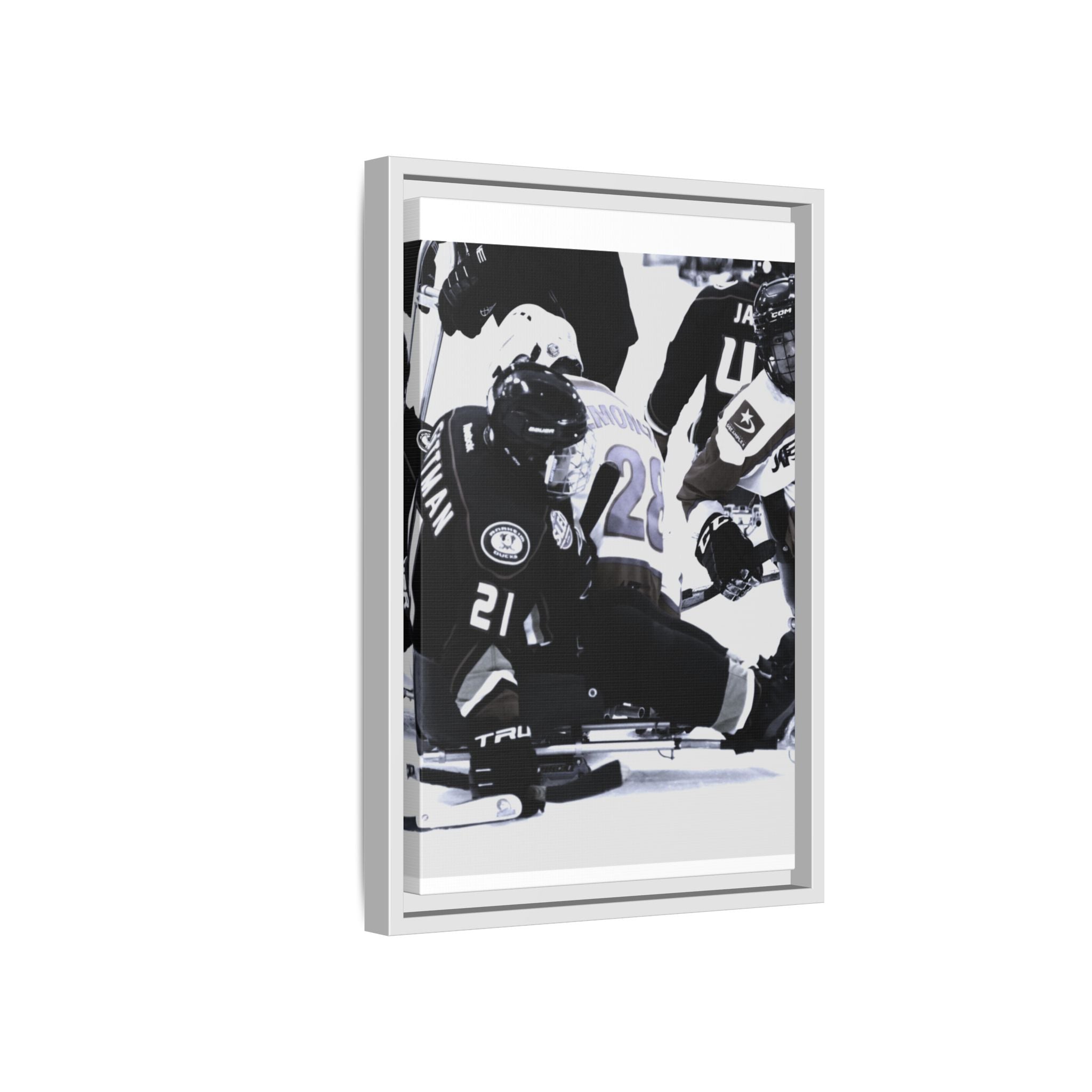 Framed Hockey Action Matte Canvas Print — Black & White Sports Wall Art