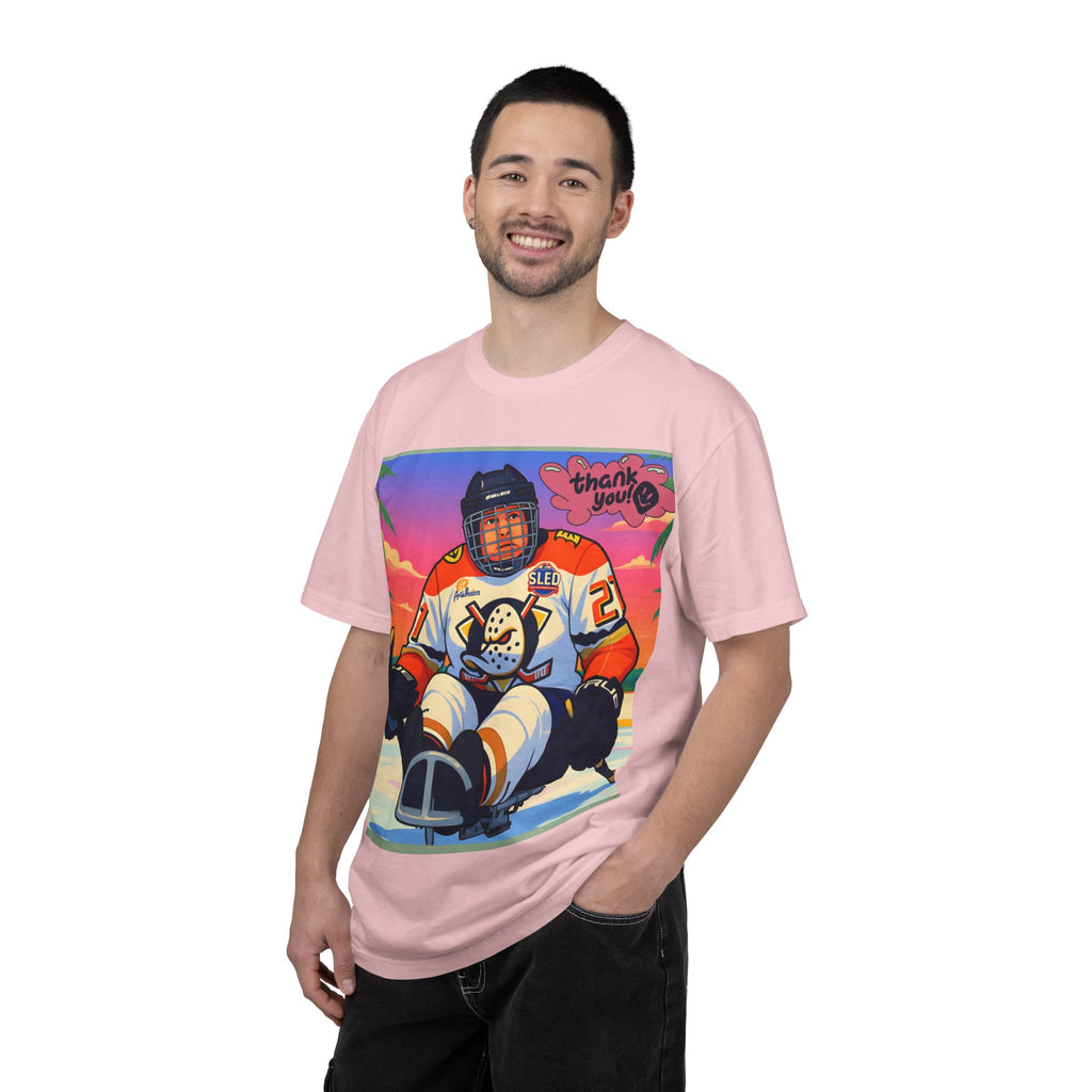 Hockey Tropics T‑Shirt — Sled Hockey Player with "Thank You" Graphic