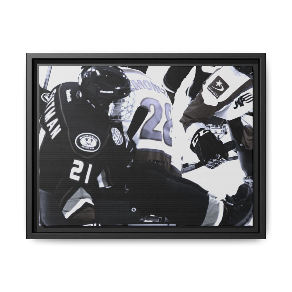 Framed Hockey Action Matte Canvas Print — Black & White Sports Wall Art