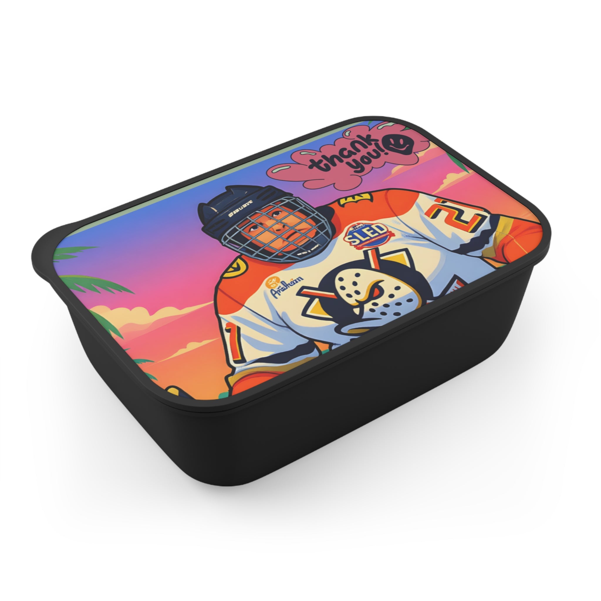 Bento Box — Retro Hockey Player Design (’Thank You!’) with Band & Utensils