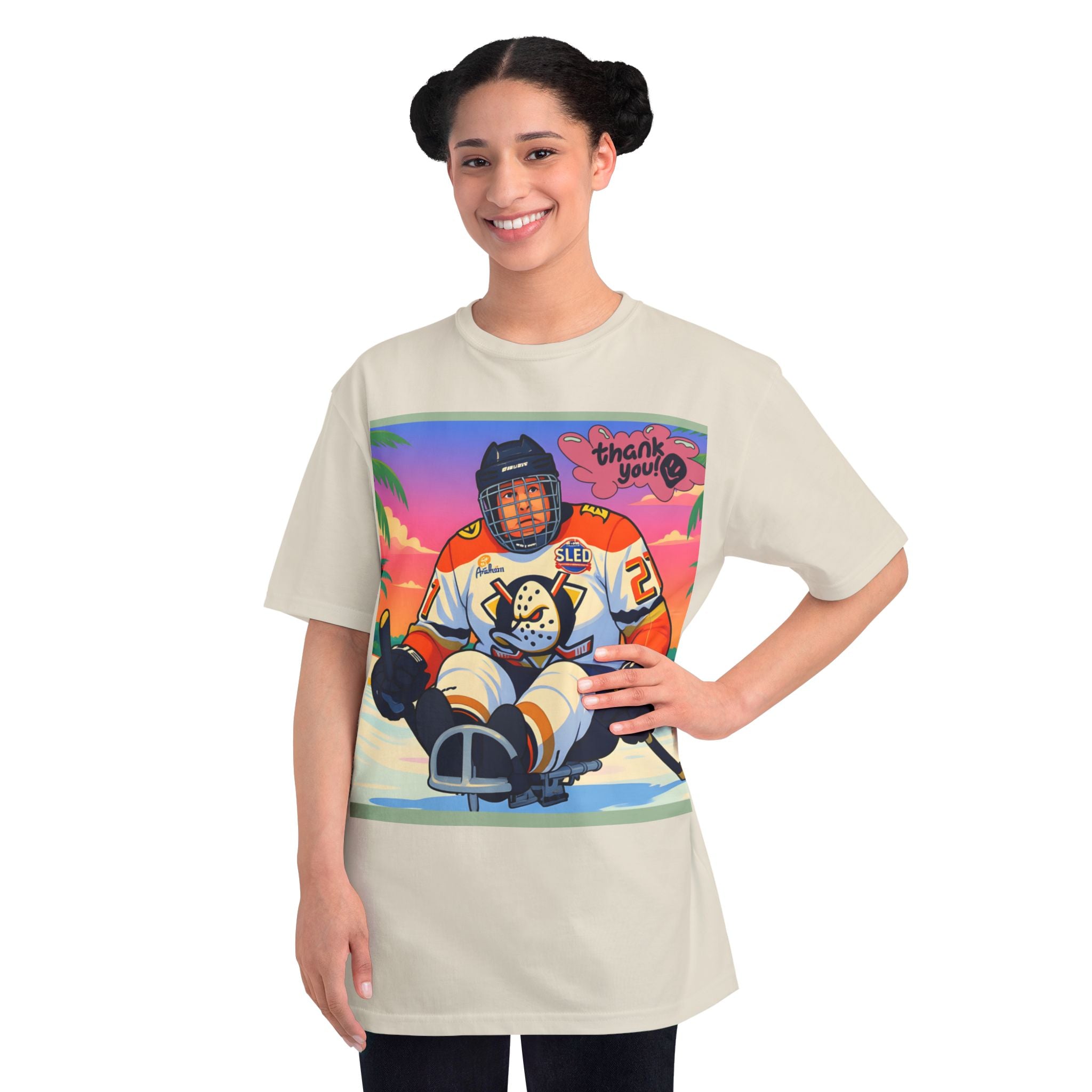 Hockey Sled Player Retro Sunset T-Shirt — 'thank you' Graphic