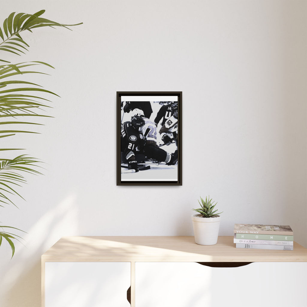 Framed Hockey Action Matte Canvas Print — Black & White Sports Wall Art