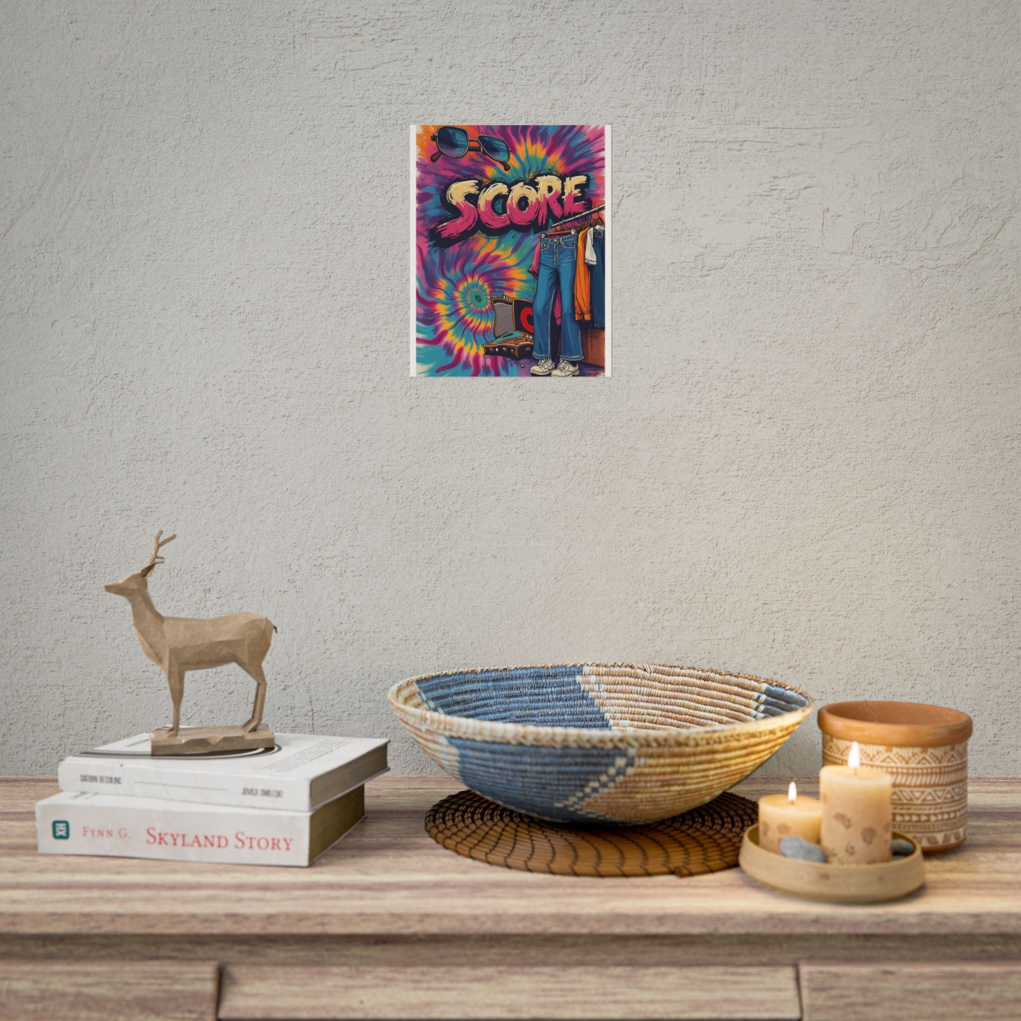 Score Tie-Dye Retro Poster — Vintage 70s Clothes & Record Player Wall Art