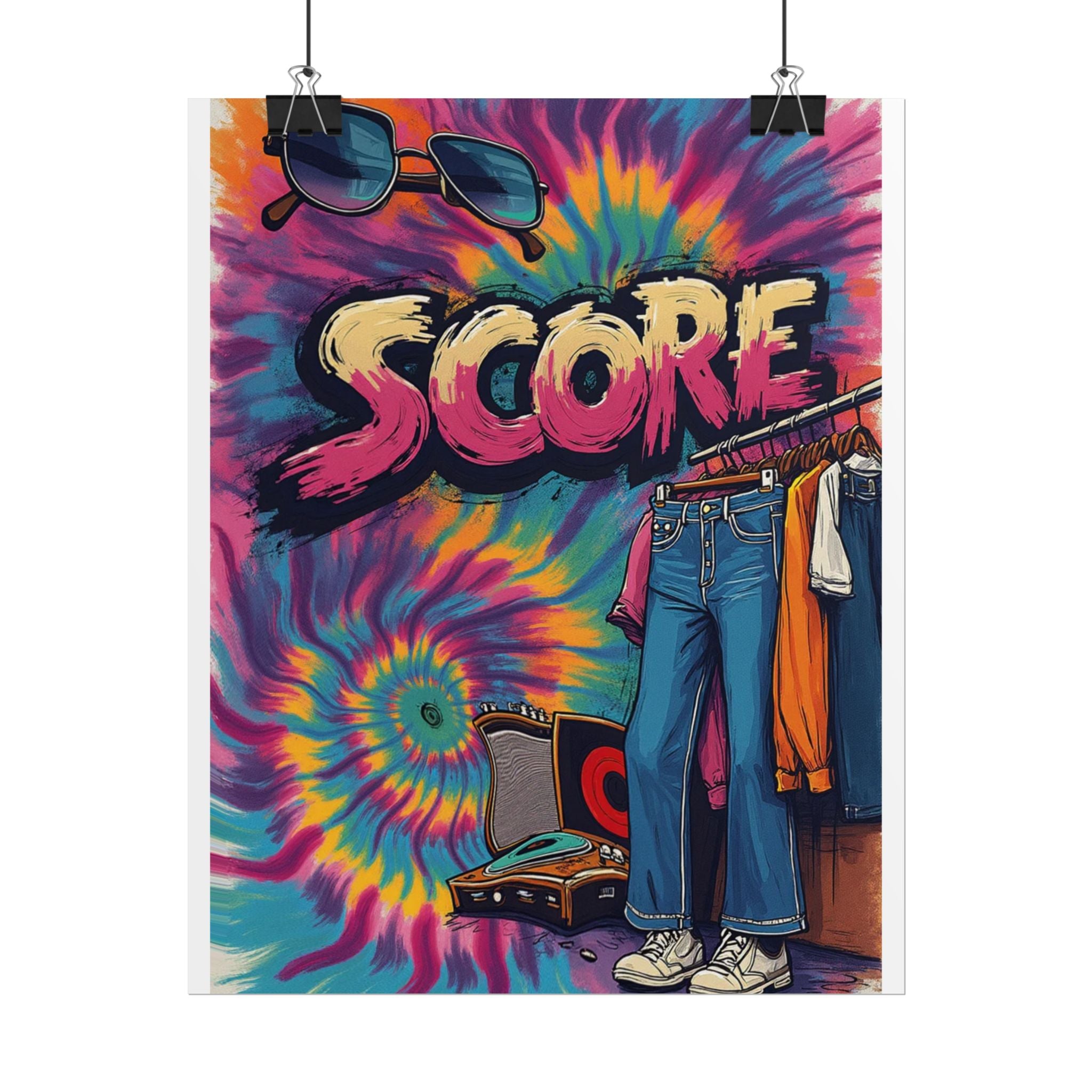 Score Tie-Dye Retro Poster — Vintage 70s Clothes & Record Player Wall Art
