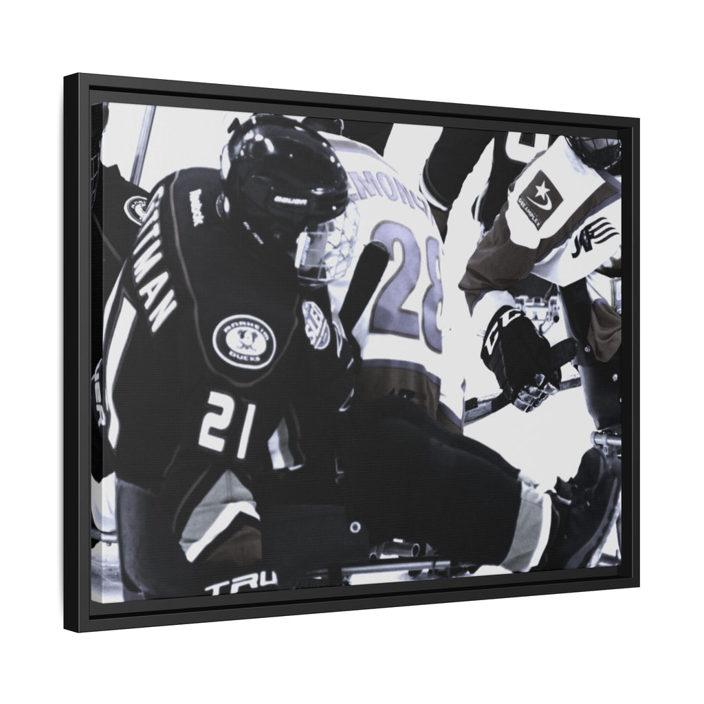 Framed Hockey Action Matte Canvas Print — Black & White Sports Wall Art