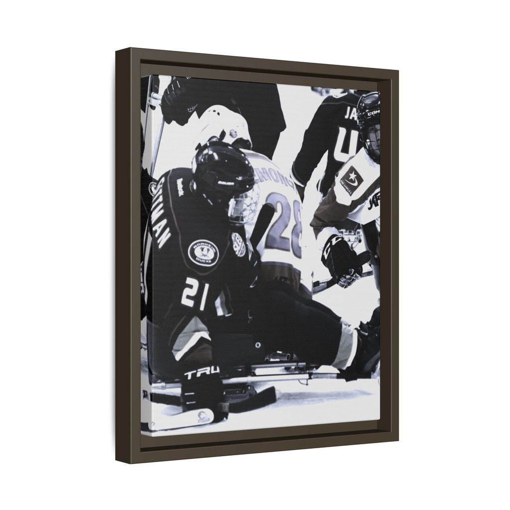 Framed Hockey Action Matte Canvas Print — Black & White Sports Wall Art