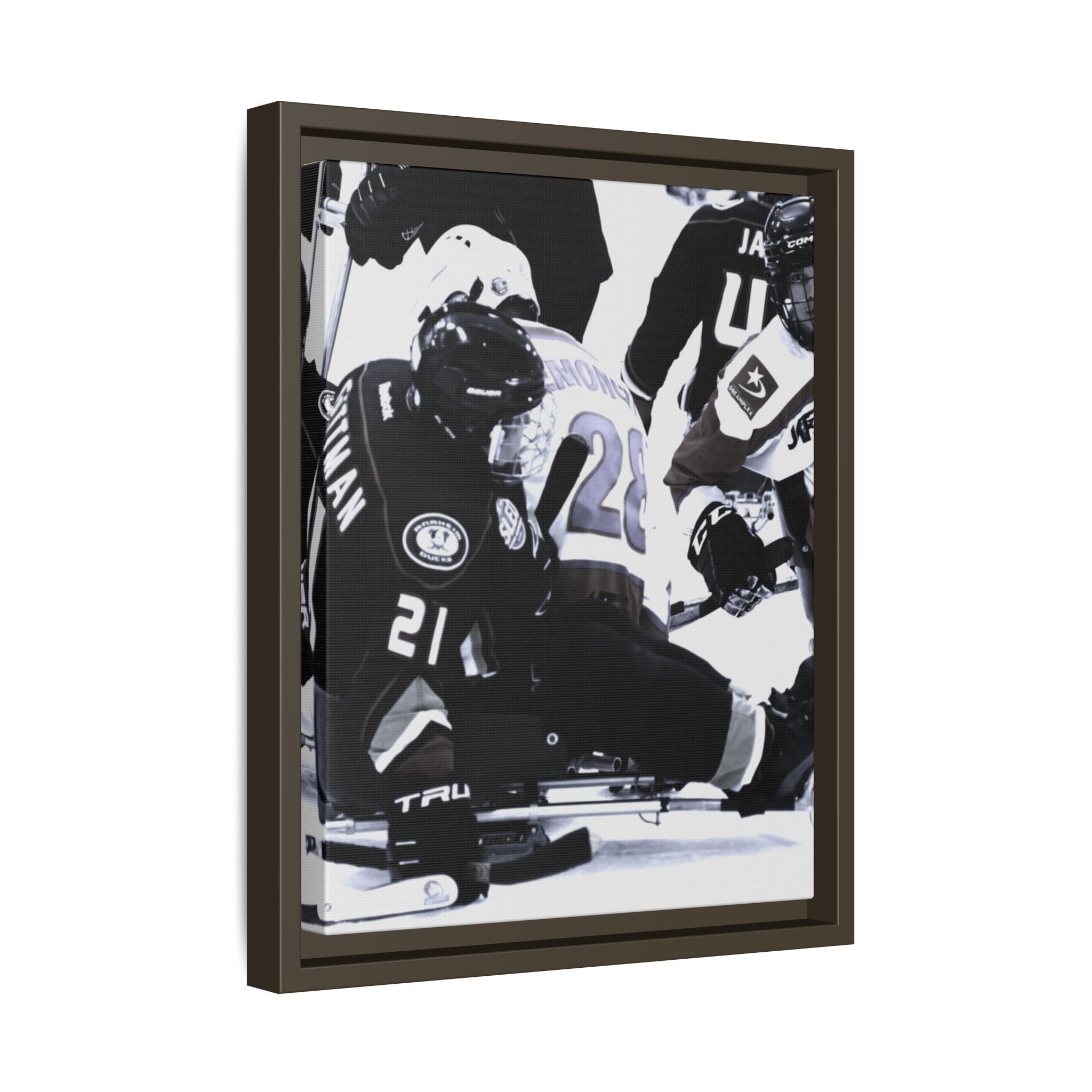 Framed Hockey Action Matte Canvas Print — Black & White Sports Wall Art