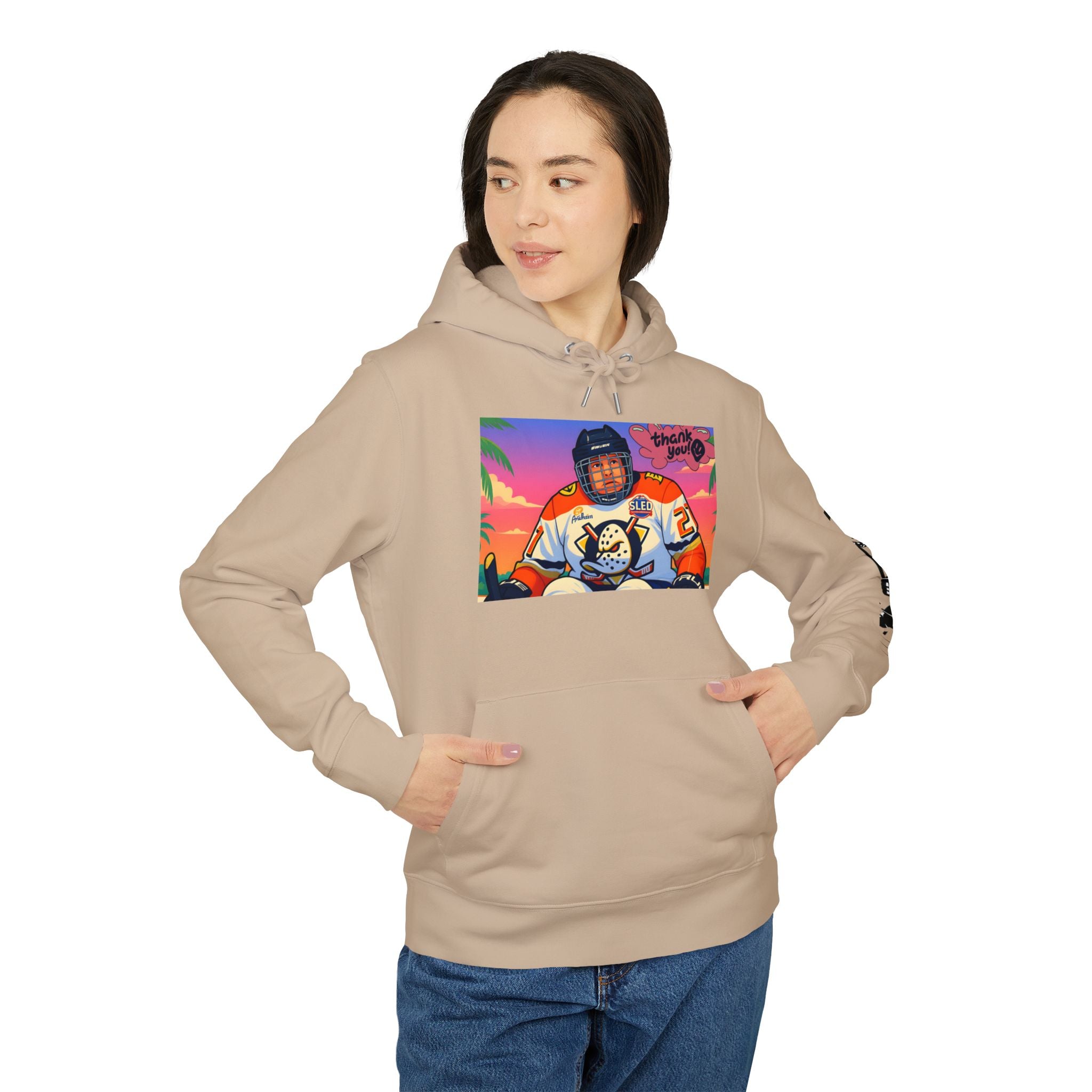 Hockey Player Graphic Hoodie — Retro Sunset Skate Design