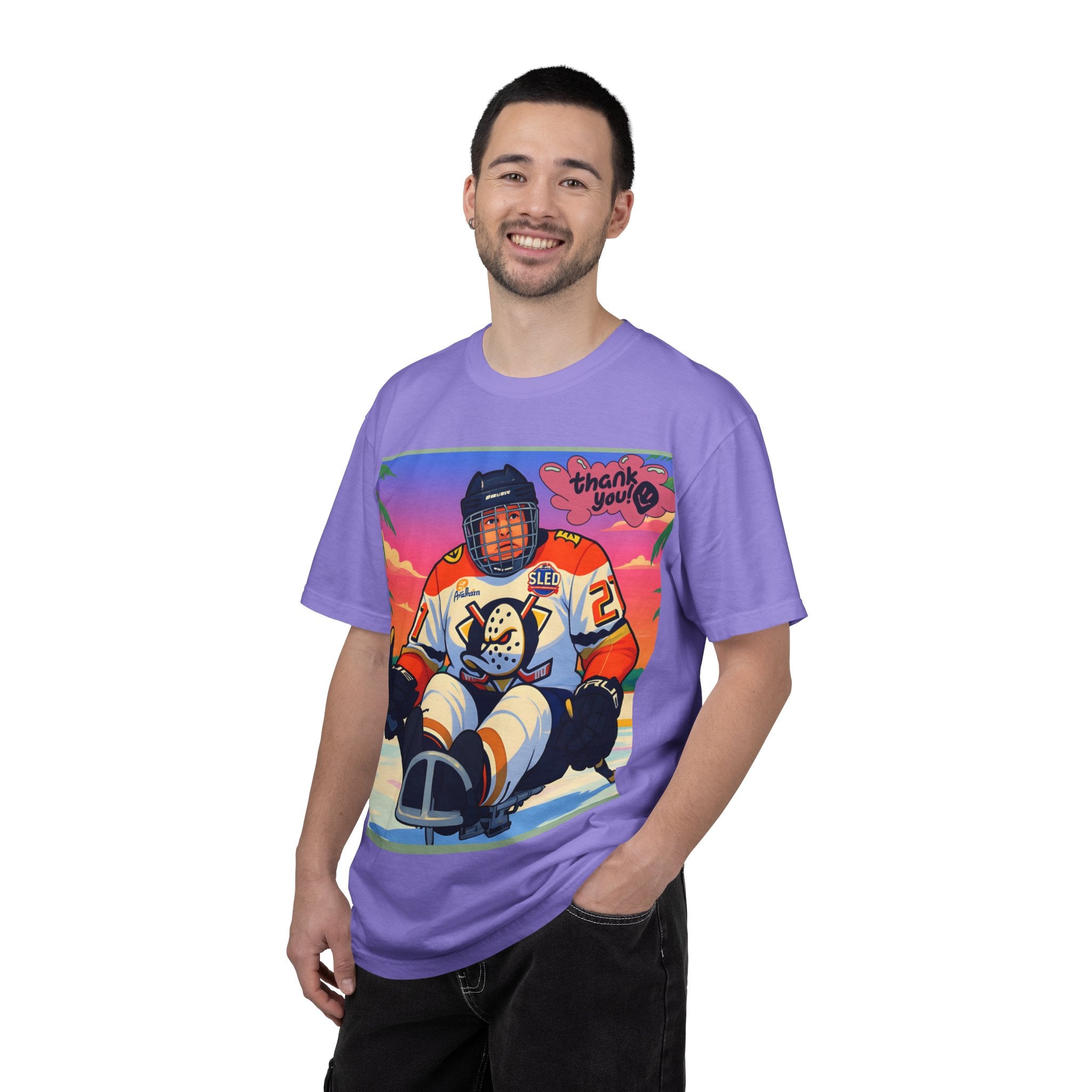 Hockey Tropics T‑Shirt — Sled Hockey Player with "Thank You" Graphic