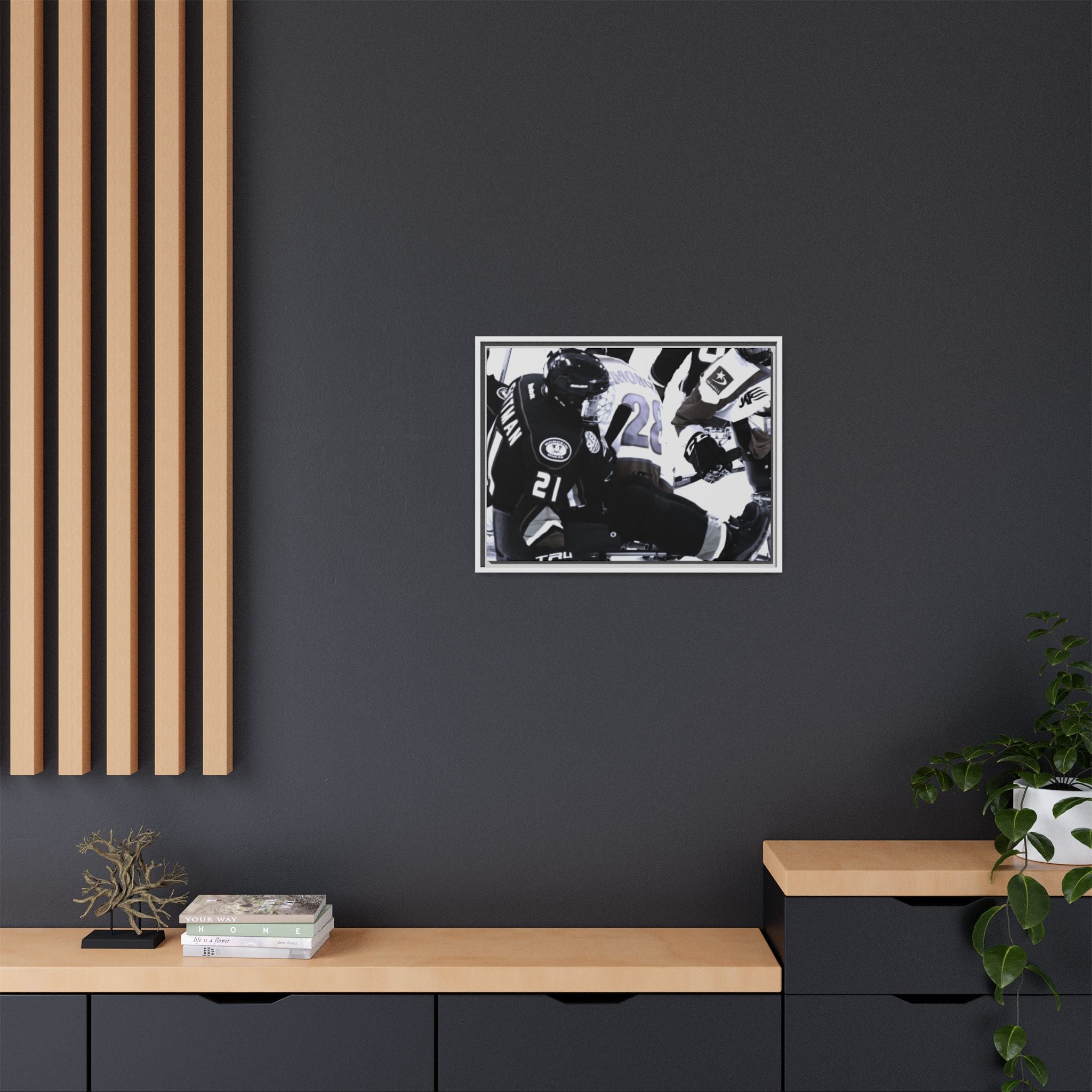 Framed Hockey Action Matte Canvas Print — Black & White Sports Wall Art