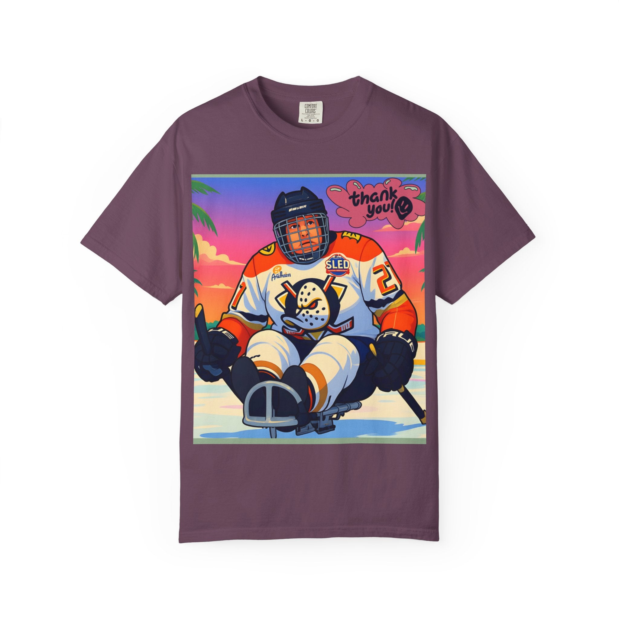 Hockey Tropics T‑Shirt — Sled Hockey Player with "Thank You" Graphic