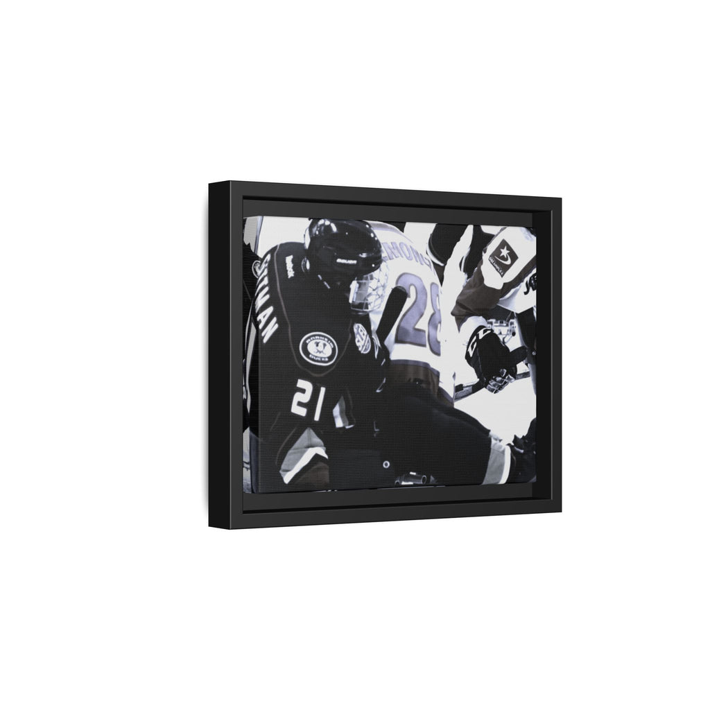 Framed Hockey Action Matte Canvas Print — Black & White Sports Wall Art