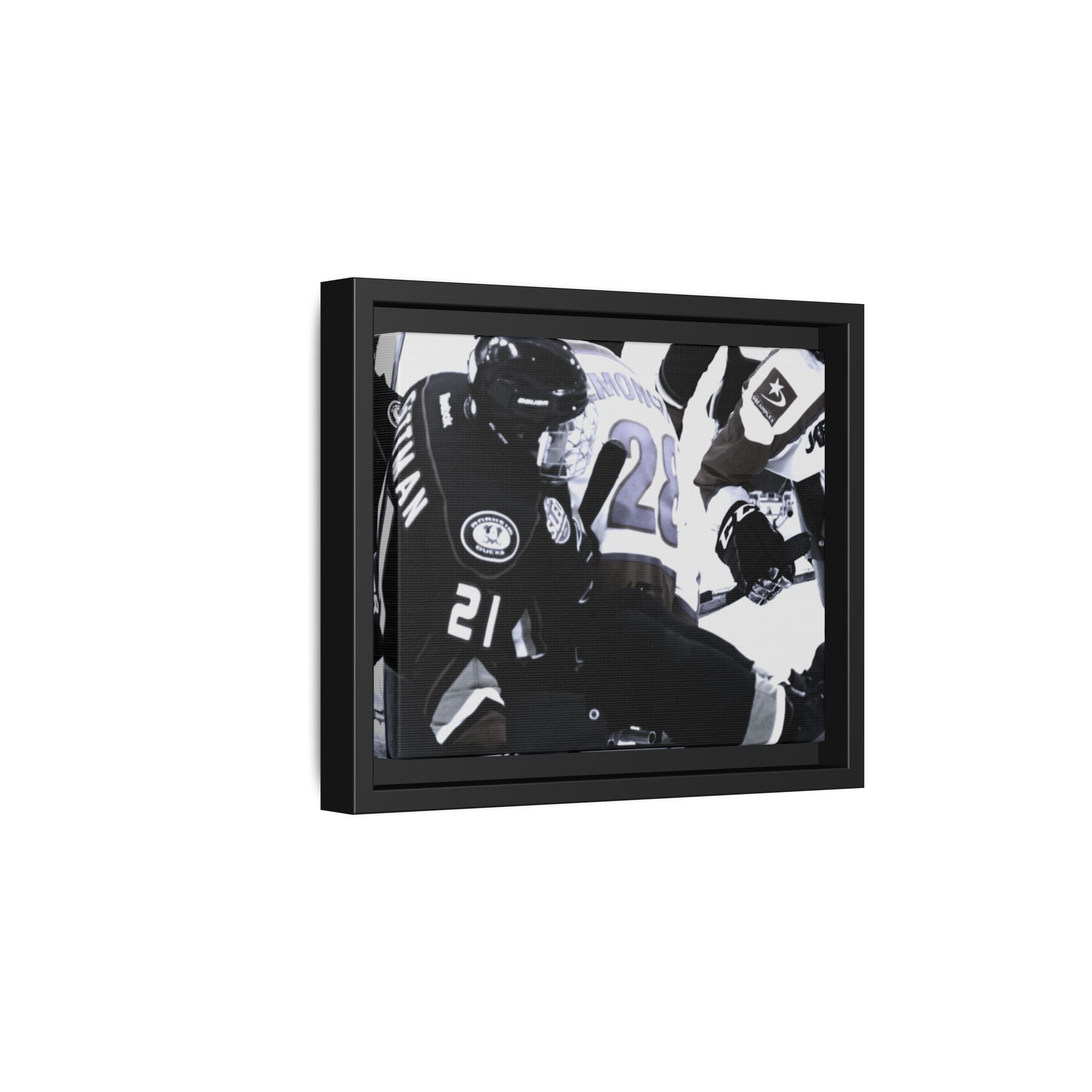 Framed Hockey Action Matte Canvas Print — Black & White Sports Wall Art
