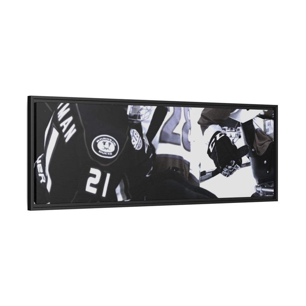 Framed Hockey Action Matte Canvas Print — Black & White Sports Wall Art